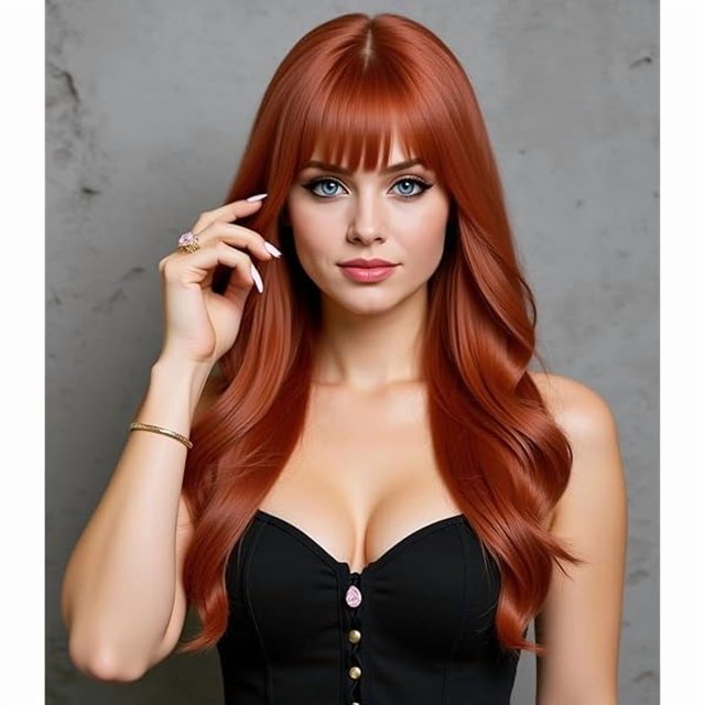 wonima44 Rugelyss Long Wavy Auburn Wigs for Women, 20 Inches Copper Red Wig with Bangs Synthetic Ginger Hair Wig for Daily Party