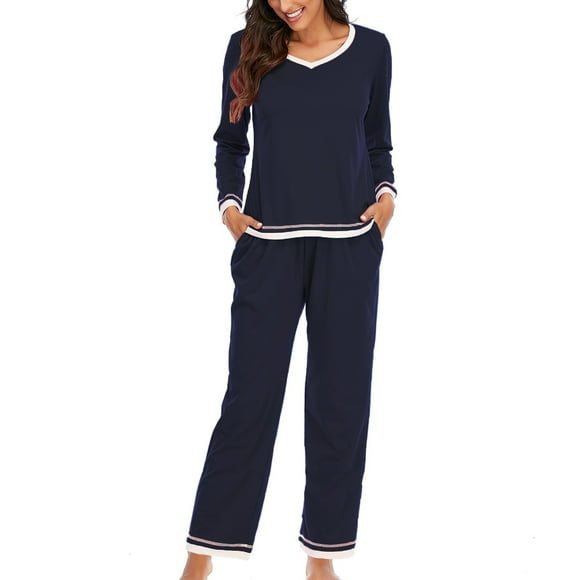 Bigersell Pajamas for Women Soft Comfy Pajama Sets Long Sleeve Pullover Tunic Tops Two-piece Sleepwear Pajamas Included Pants Pjs Sets Loungewear Navy L
