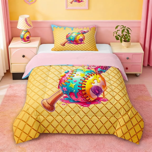 Erosebridal Colorful Cartoon Baseball Twin Comforter Sets,Watercolor Ice Cream Drip Bedding Set For Kids Boys,Reversible pink,2-Piece