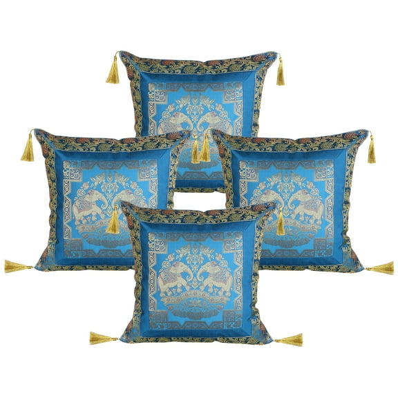 Stylo Culture Indian Brocade Living Room Throw Pillow Sham Covers Turquoise Gold 18x18 Jacquard Tassels Sofa Settee Cushion Covers 45 x 45 cm Polydupion Silk Zippered Elephant Pillow Cases | Set Of 4
