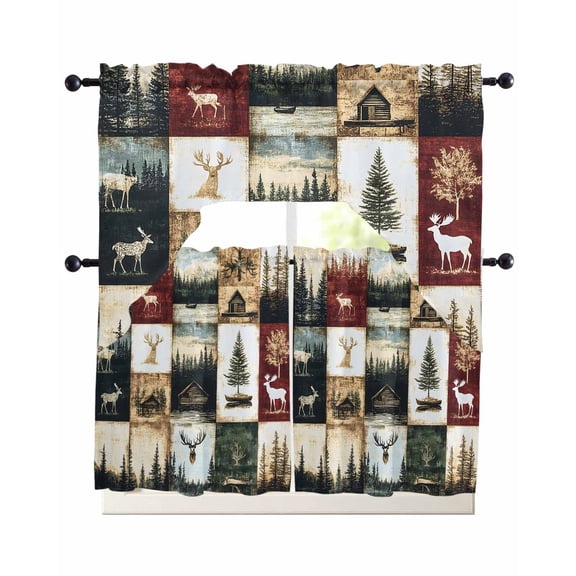 Forest Elk Kitchen Curtains Sets 36 Inch Length with Valance, Farmhouse Pine Tree Rustic Green Red Swag Valances and Tiers Curtain Set Drapes Swag Curtains for Living Room, Bathroom, Bedroom, Cafe