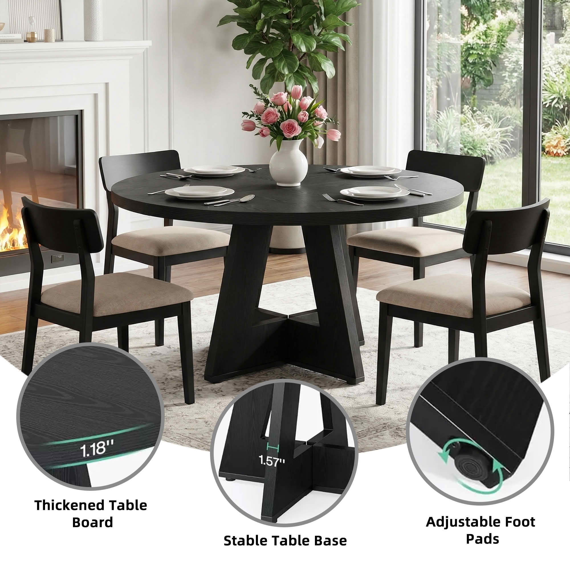 MAYEERTY 47 Inch Farmhouse Round Dining Table, Wooden Kitchen Dinner Table for 4 People with Sturdy Metal Frame