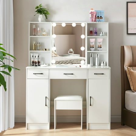 Caulitar Modern Vanity Desk with LED Lights & Stool, Hollywood Makeup Table with 3 Drawers, 4 Shelves and Storage Cabinet, for Bedroom, White