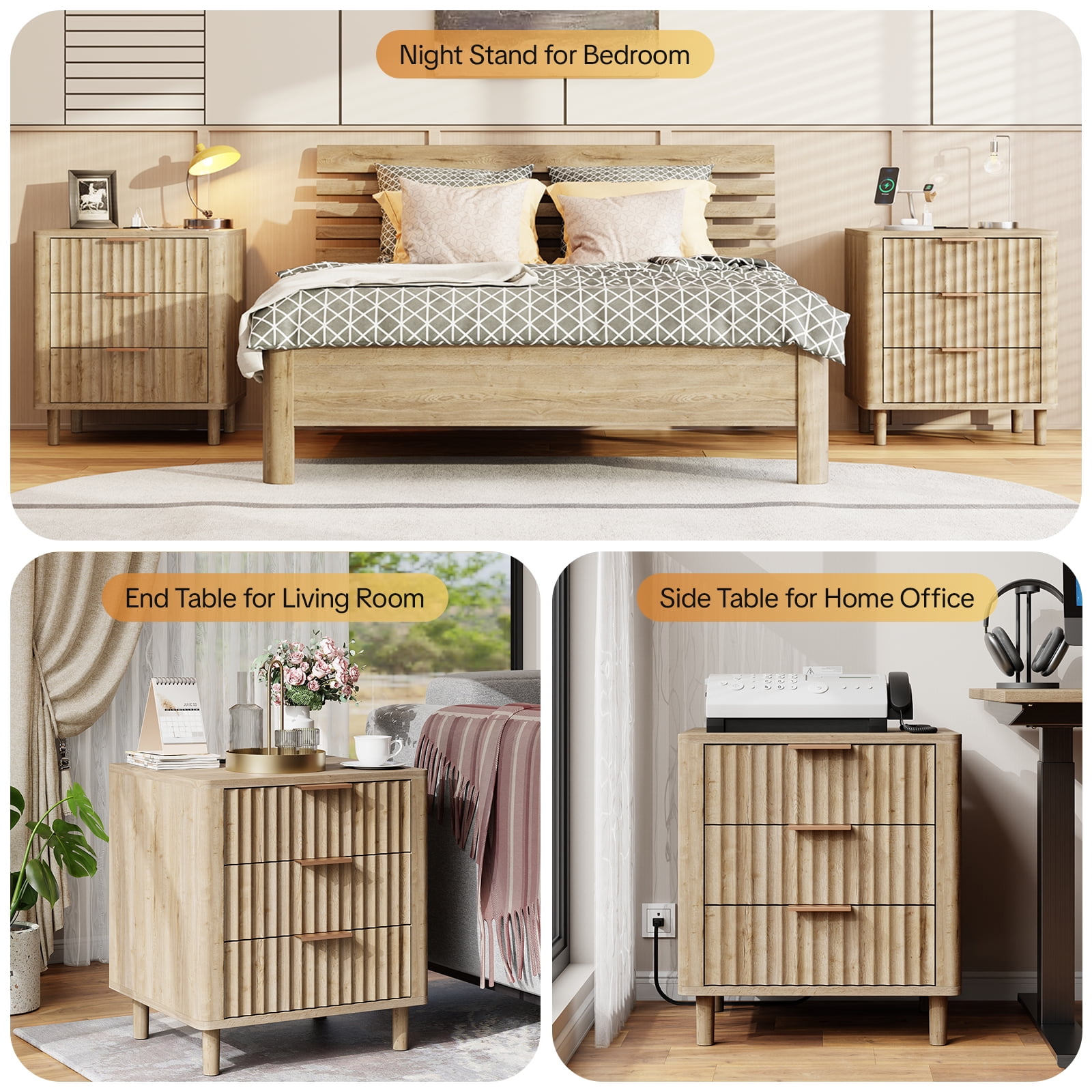18" Wide Fluted Nightstand Set of 2 with Charging Station Modern Wood Bedside Table with 3 Drawers, Mid Century End Table for Bedroom Living Room Office, Oak