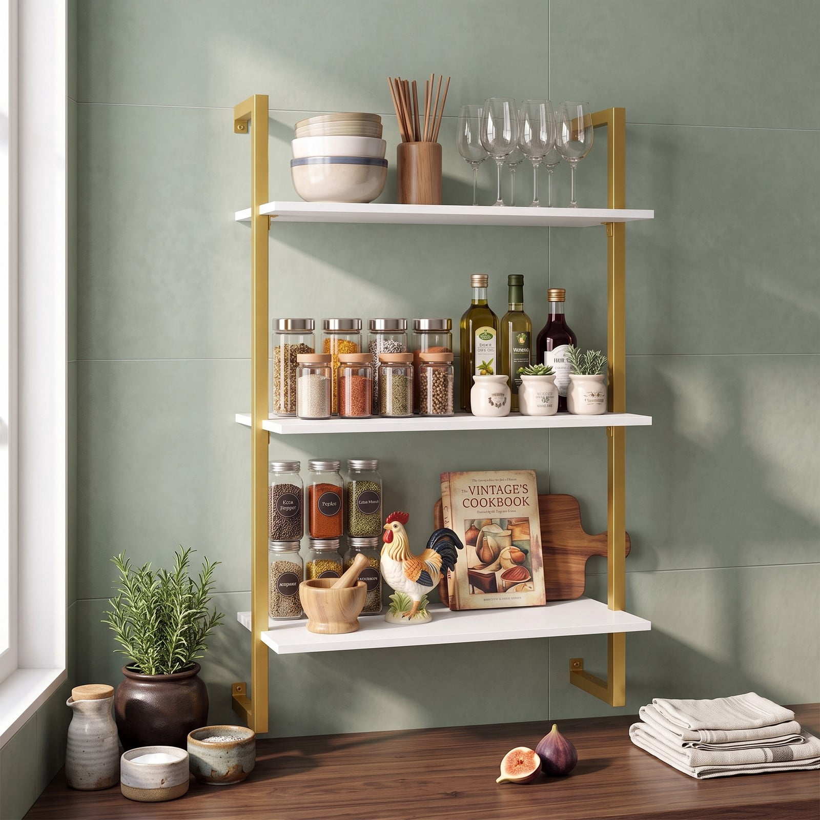 Furnibear 3-Tier Floating Wall Shelf, Modern White Wood Bookcase Wall-Mounted Storage Rack for Living Room Bedroom Kitchen Home Office Bathroom, Space-Saving, White