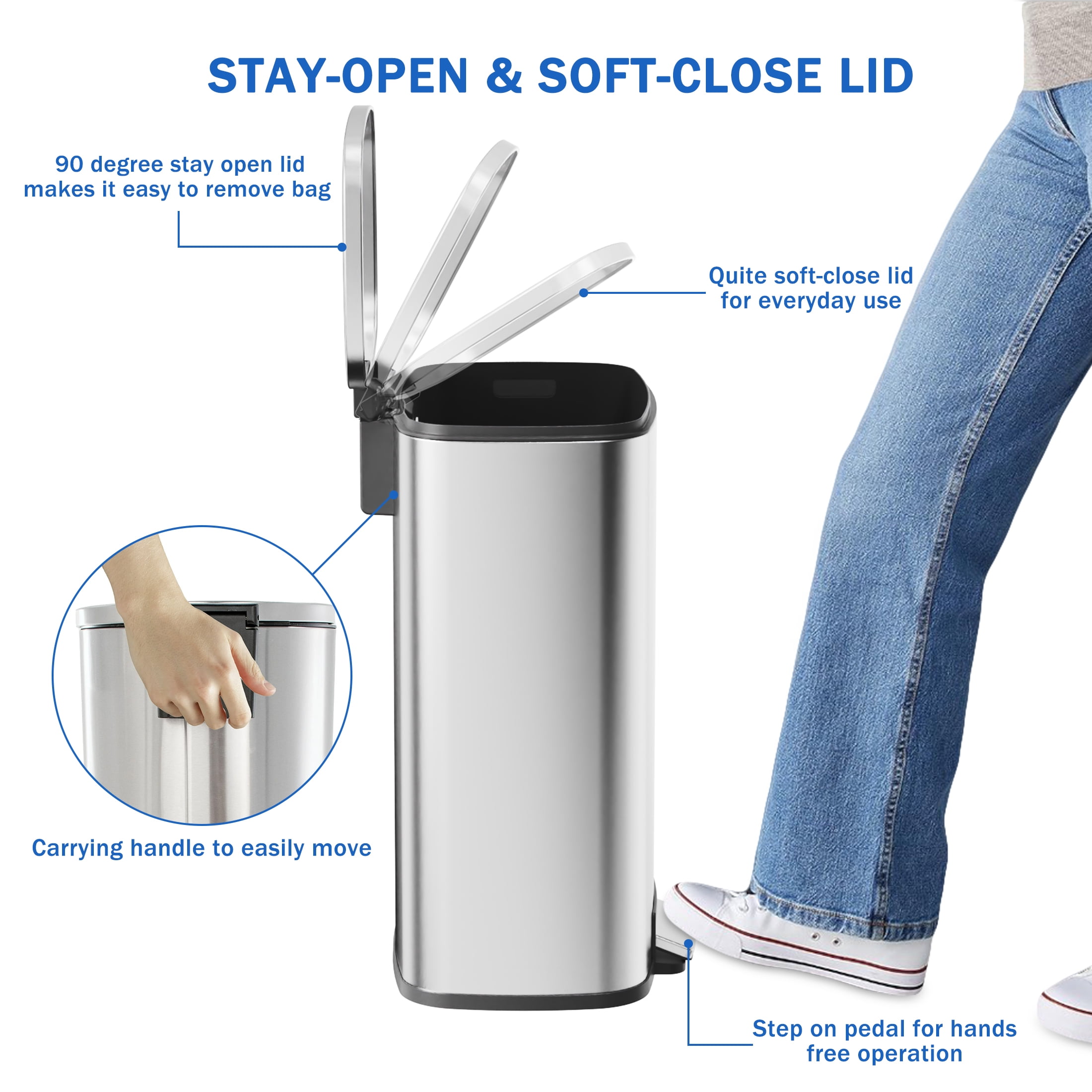 Simplykleen Kitchen Trash Can, 13.2 Gallon Stainless Steel Step-On Rectangle Garbage Bin with Soft Close Lid, Fingerprint Resistant, Silver