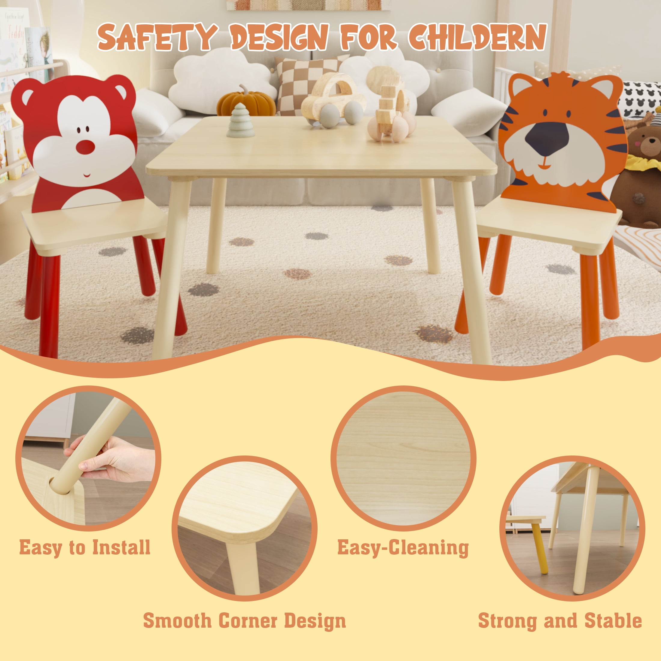 Aukfa Kids Table and Chairs Set, Wooden Play Table with 2 Cartoon Chairs for Toddlers, Girls, Boys