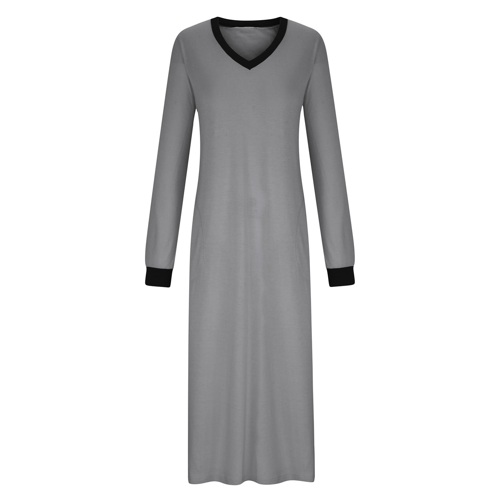 BiZtdJrK Women's Nightshirt Long Sleeve Nightgown Solid Casual V Neck Sleepwear Full Length Pajama Dress with Pockets Soft Loungewear Gray S
