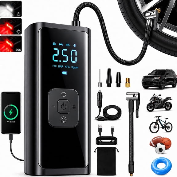 Tire Inflator Portable Air Compressor, 150 PSI Cordless Air Pump for Car Tires, 6000mAh Rechargeable Tire Pump with 12V DC Cord, Auto Shut-Off, LED Light, Power Bank for Car SUV Bike Ball