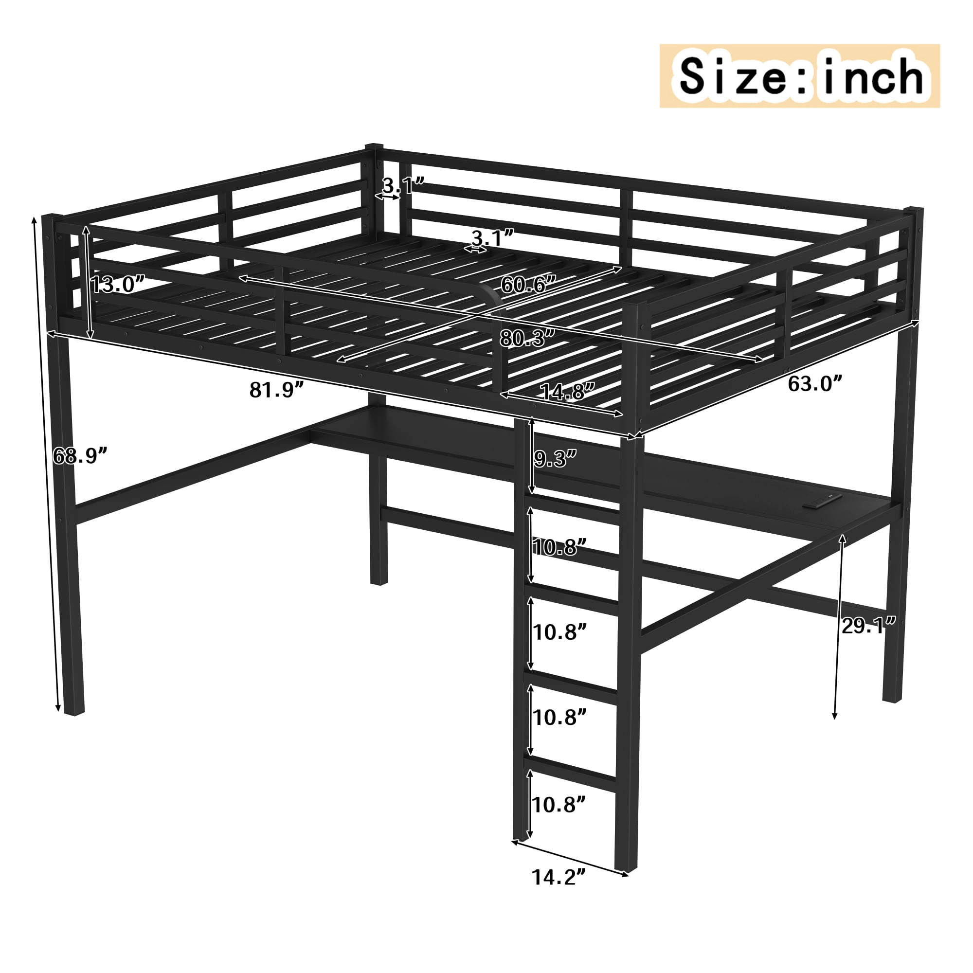 Queen Size Loft Bed with Power Outlet and LED Lighted, Heavy-Duty Metal Bed Frame,Space-Saving, Noise Reduced, Black