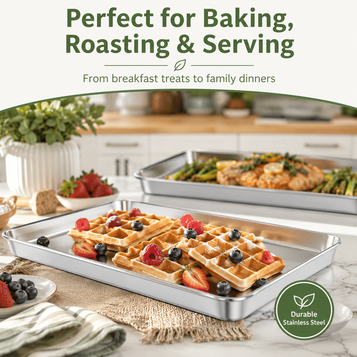 TINANA Baking Sheet Set of 3, Stainless Steel Cookie Sheet, Toaster Oven Baking Pan Set, Rectangle Size 10/13/16 inch, Mirror Finish & Rust Free, Dishwasher Safe
