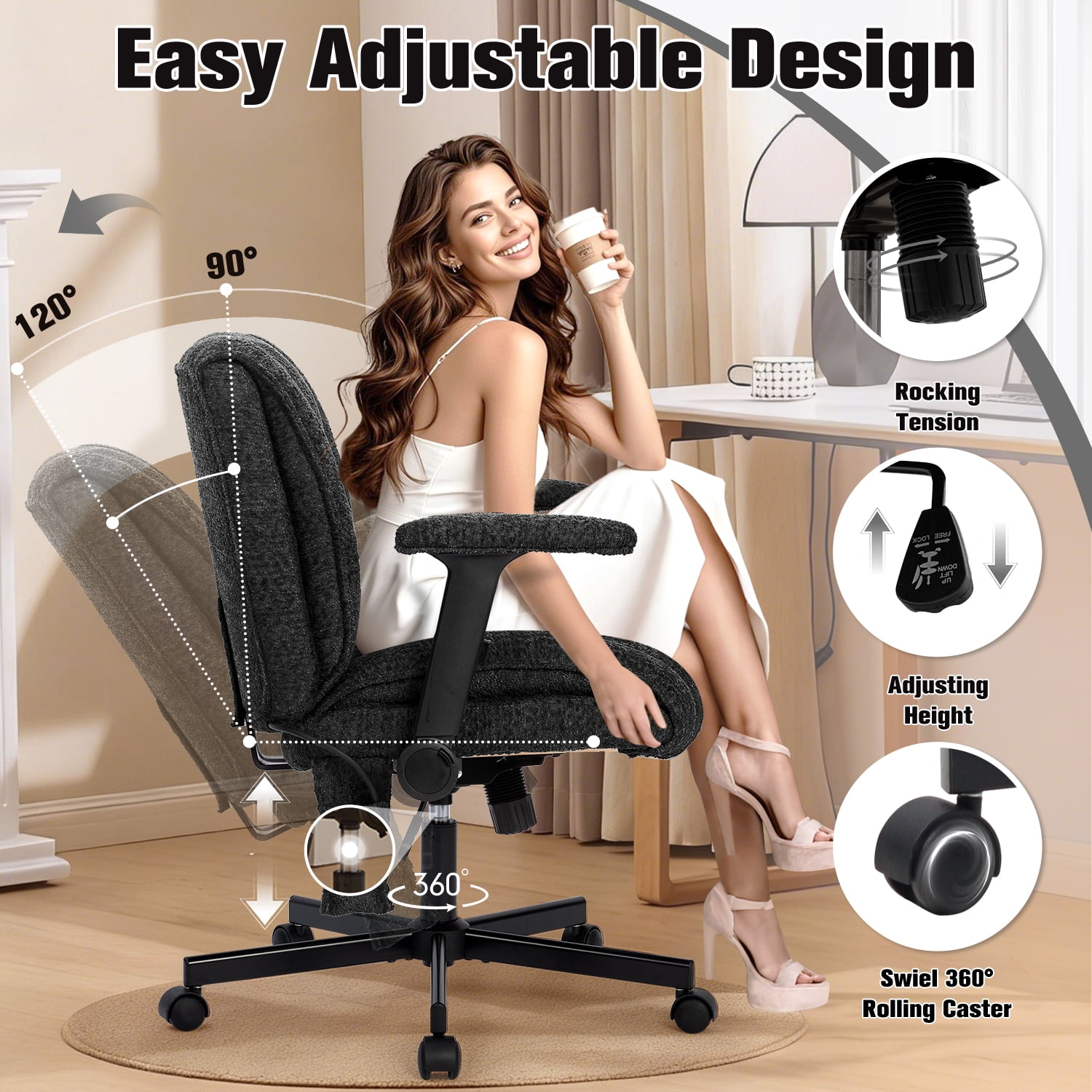 Criss Cross Chair with Dynamic Lumbar Support, Fabric Cross Legged Office Chair with Flip Arms and Wheels, Wide Swivel Vanity Chair for Home Office, Study, Makeup Room