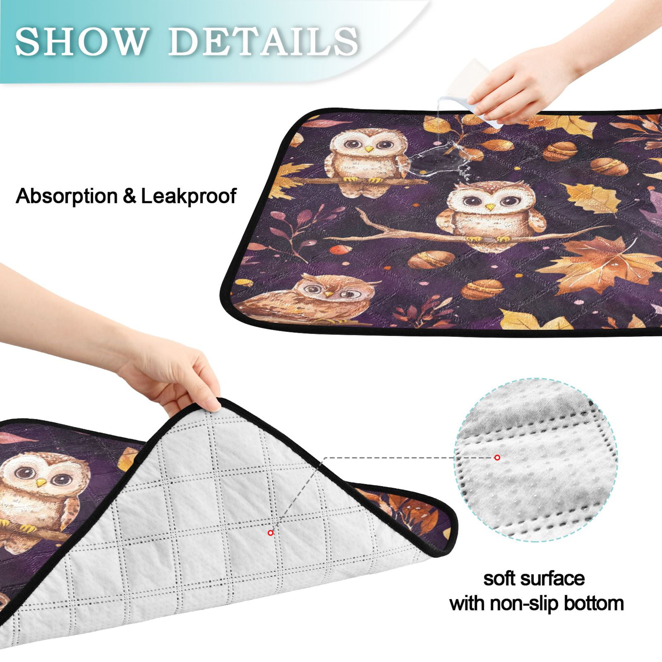 Qxltty Adorable Baby Owls and Acorns Pattern Cat litter Pads Pet Set of 3 Diaper Mats Center Anti-leakage Layer Absorbent Soft and Comfortable