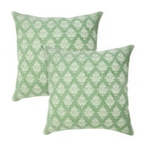 LR Home Flora Set of 2 Meadow Green/White Damask Cotton Adult Decorative Throw Pillow