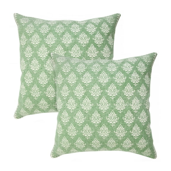 LR Home Flora Set of 2 Meadow Green/White Damask Cotton Adult Decorative Throw Pillow