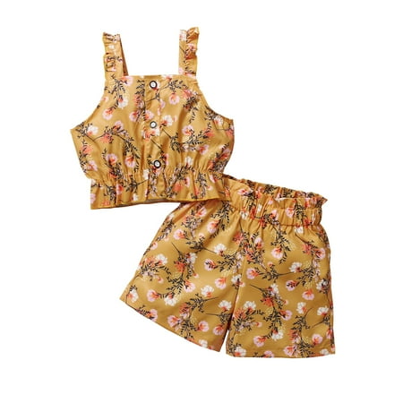 

4T Toddler Baby Girls Outfits Sleeveless Floral Print Strap Top +Floral Print Shorts 2Pcs Clothes Set 4-5T Yellow