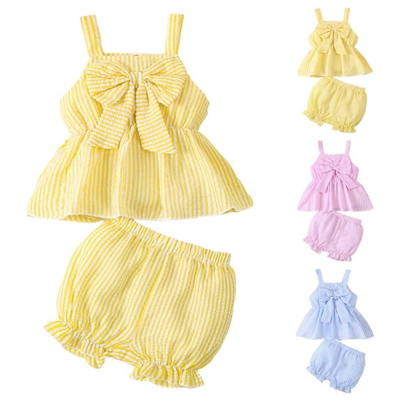 Ulanda Baby Girl Clothes Stripe Sleeveless Bowknot Tank Top Shorts Set Summer Outfits Cute Baby Clothes Girl 0-18M (Yellow, 12-18 Months)