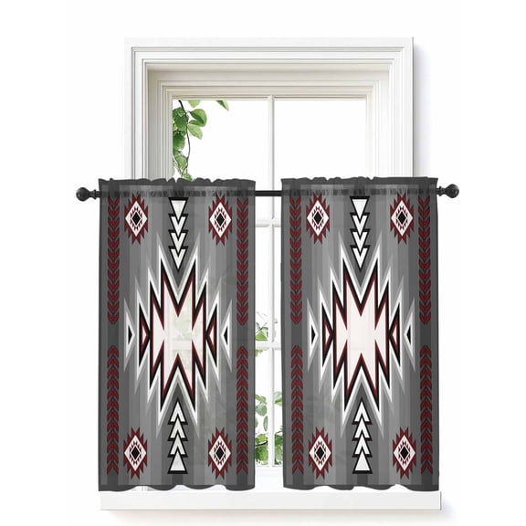 Red Gray Curtains 45 Inch Length,Sheer Curtains for Bedroom Living Room Window Southwest Retro Ethnic AztecTexture Bohemian Rod Pocket Drapes Kitchen Curtains Small Half Window 42"x45" 2 Panels