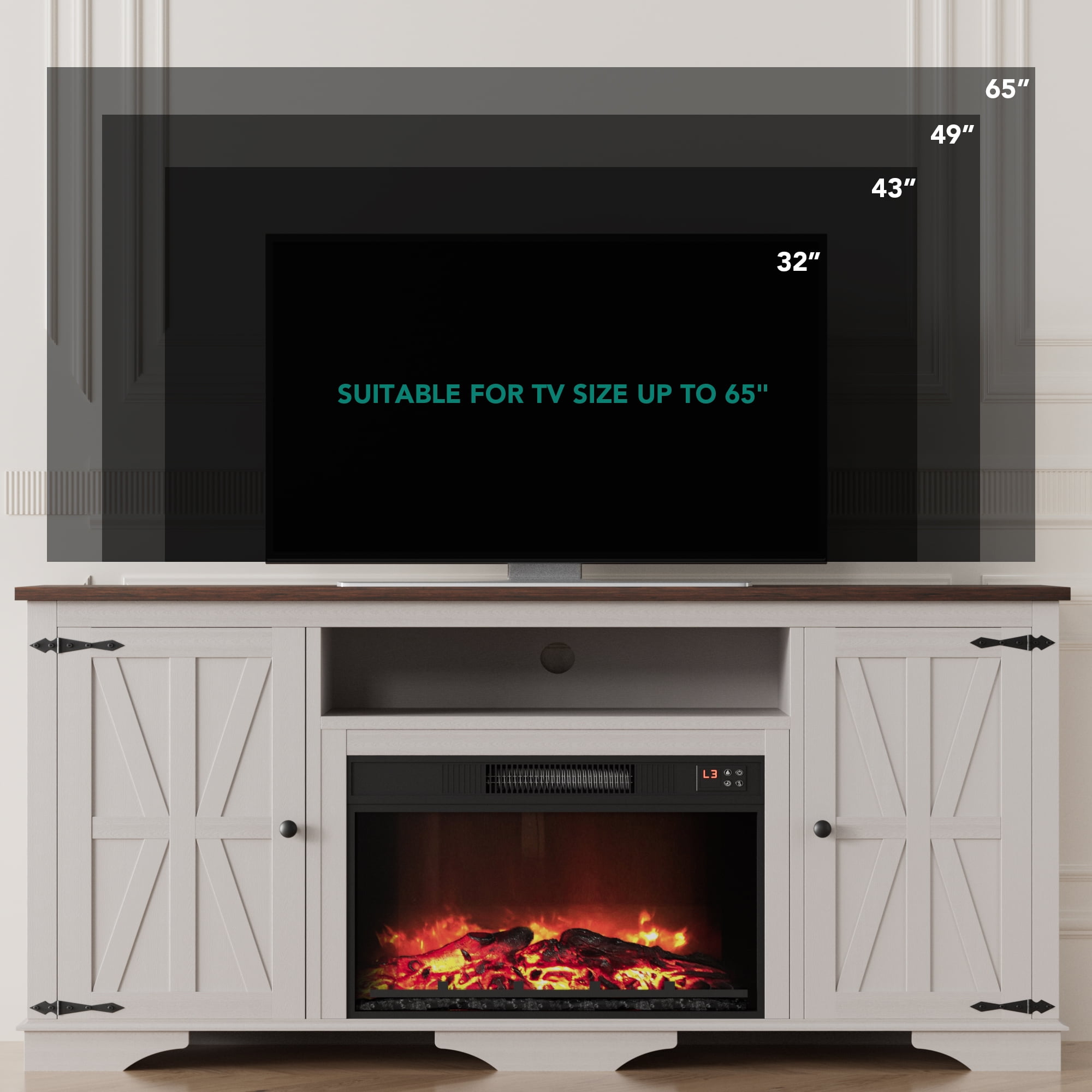 GIKPAL Fireplace TV Stand for TVs up to 65", 1400W Farmhouse TV Stand with Electric Fireplace, Entertainment Center for Living Room with Storage Cabinets/Adjustable Shelves, Rustic Beige