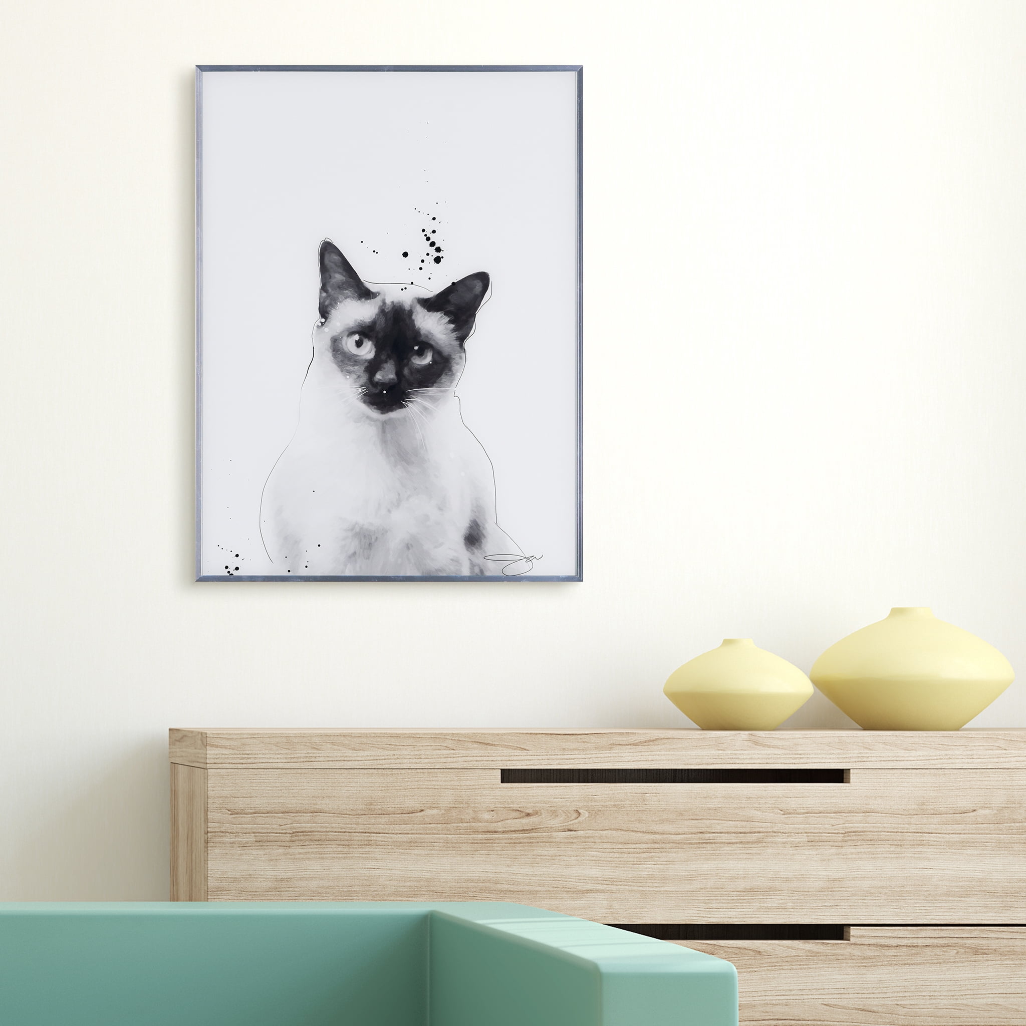 Empire Art Direct Siamese Black and White Pet Paintings on Reverse Printed Glass Framed Cat Wall Art, 24" x 18" x 1", Ready to Hang