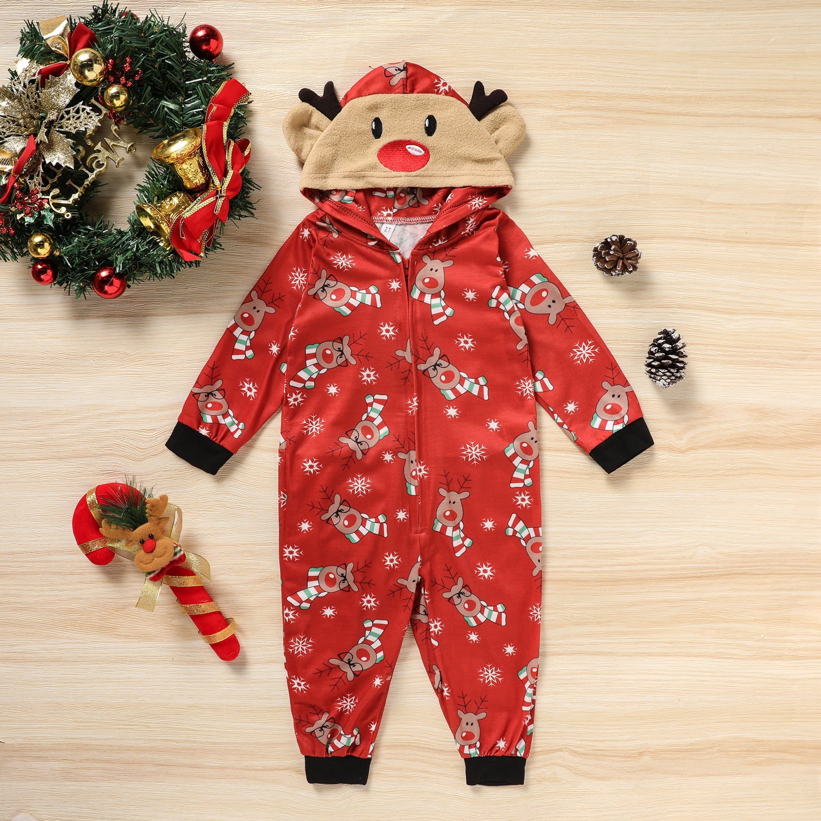 Viworld Christmas Family Matching Hoodie Pajamas Reindeer Romper Long Sleeve One Piece Jumpsuit Zipper Pjs for Adult Kids Baby