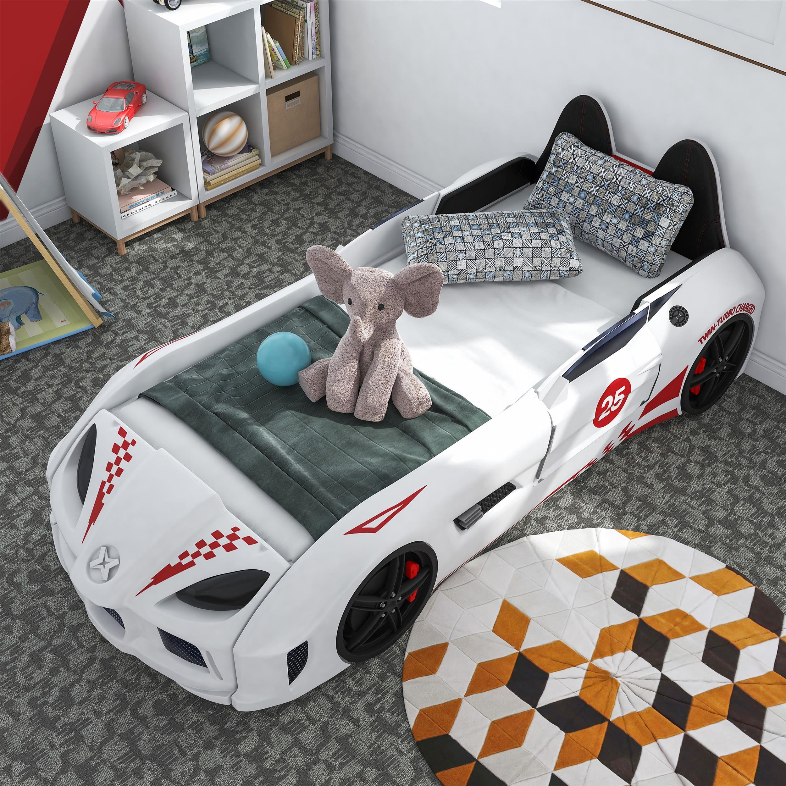 Furniture of America Sonet Plastic Twin Race Car Bed with LED Light in White