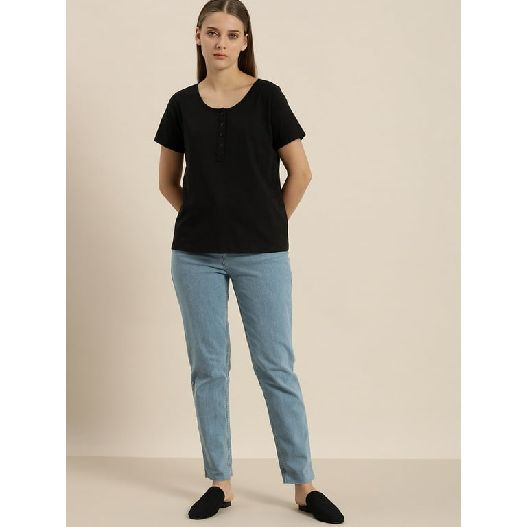 ether - By Myntra Casual T-Shirts For Women Black Short Regular Solid Cotton Henley Neck Ready to Wear T-shirt Clothing - Walmart.com