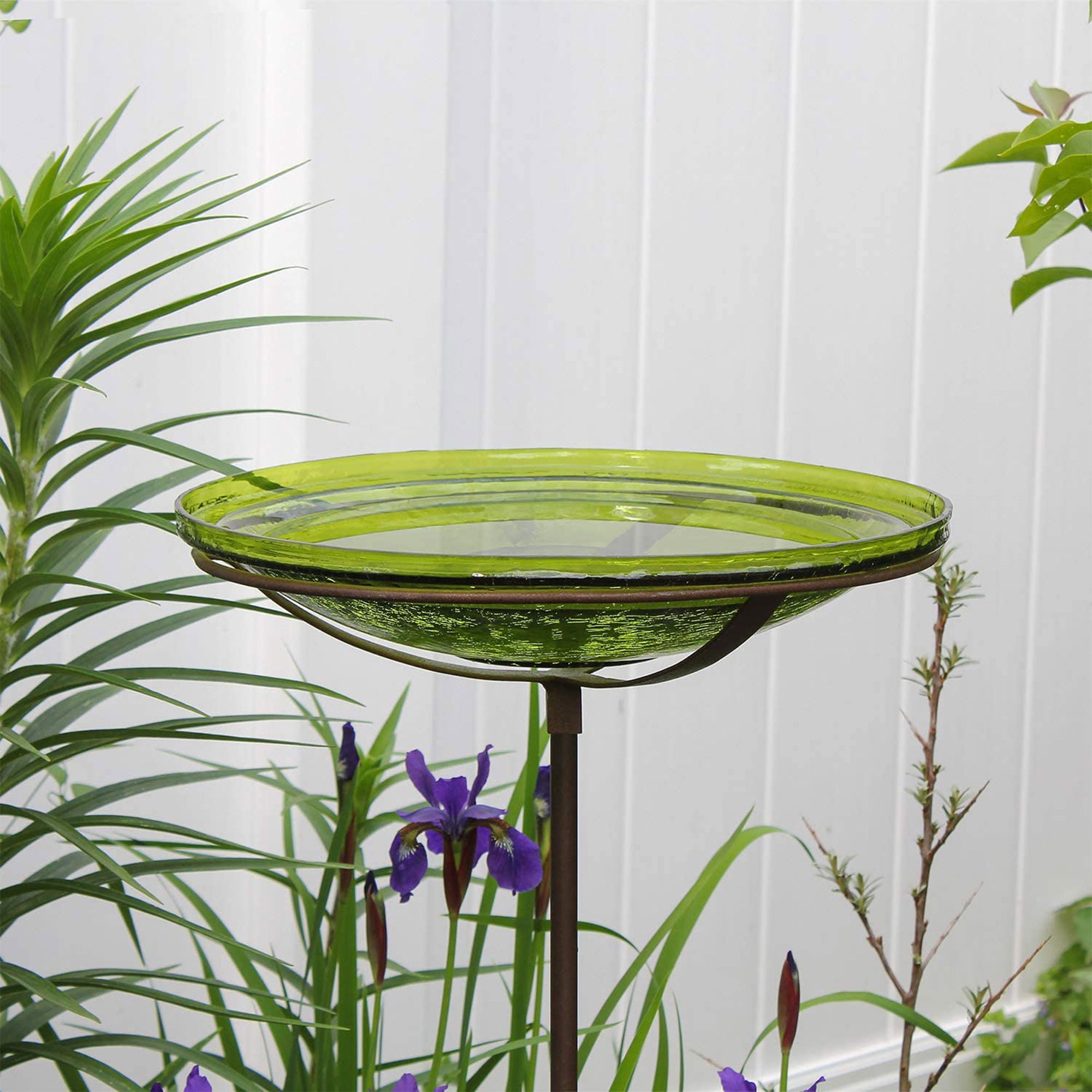 Achla Designs 14 In Hand Blown Crackle Glass Birdbath w/ Stake, Fern Green