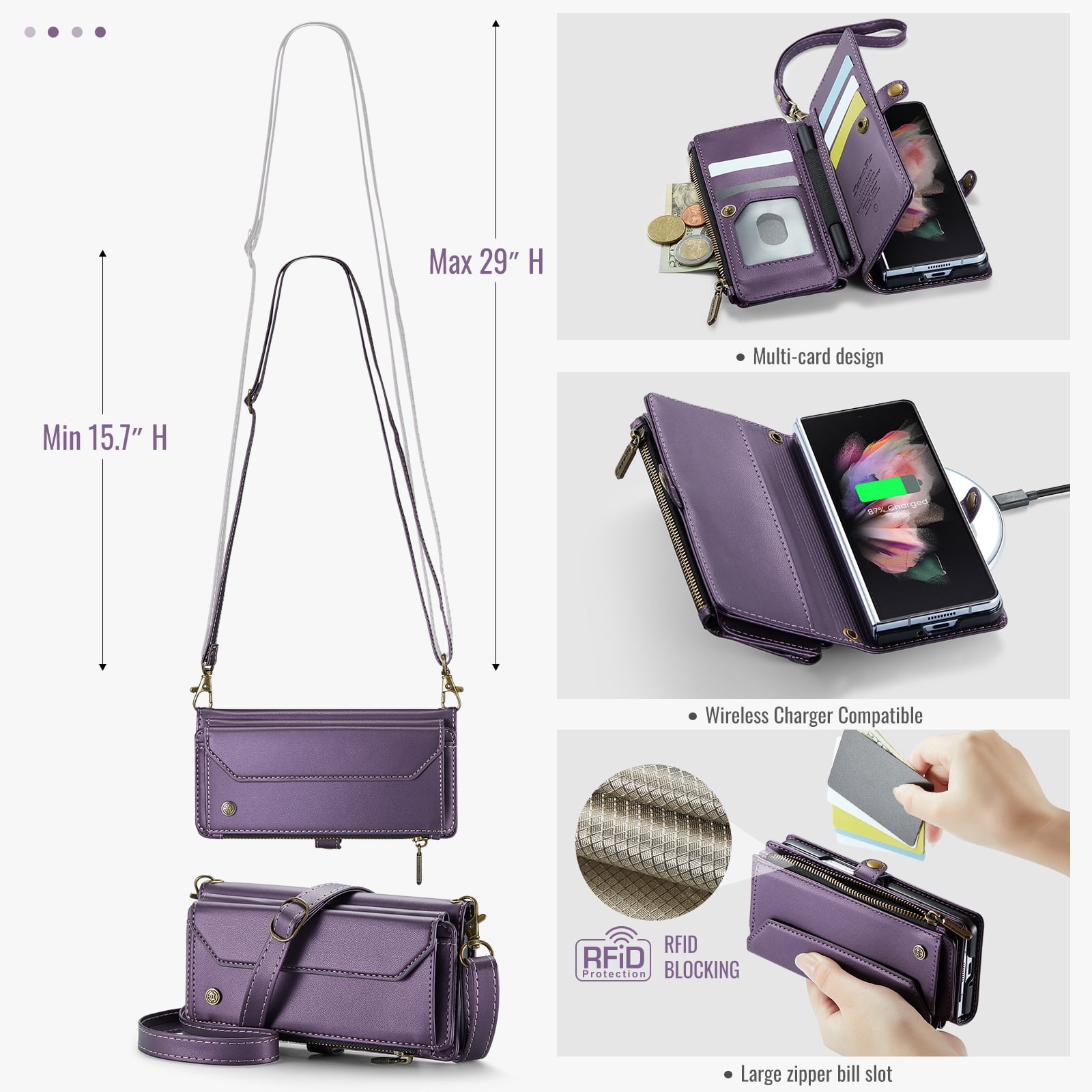 Dteck for Samsung Galaxy Z Fold 3 Case with RFID Blocking Wallet Case for Women Men, Shockproof PU Leather Magnetic Flip Strap Zipper Card Holder Phone Case,Purple