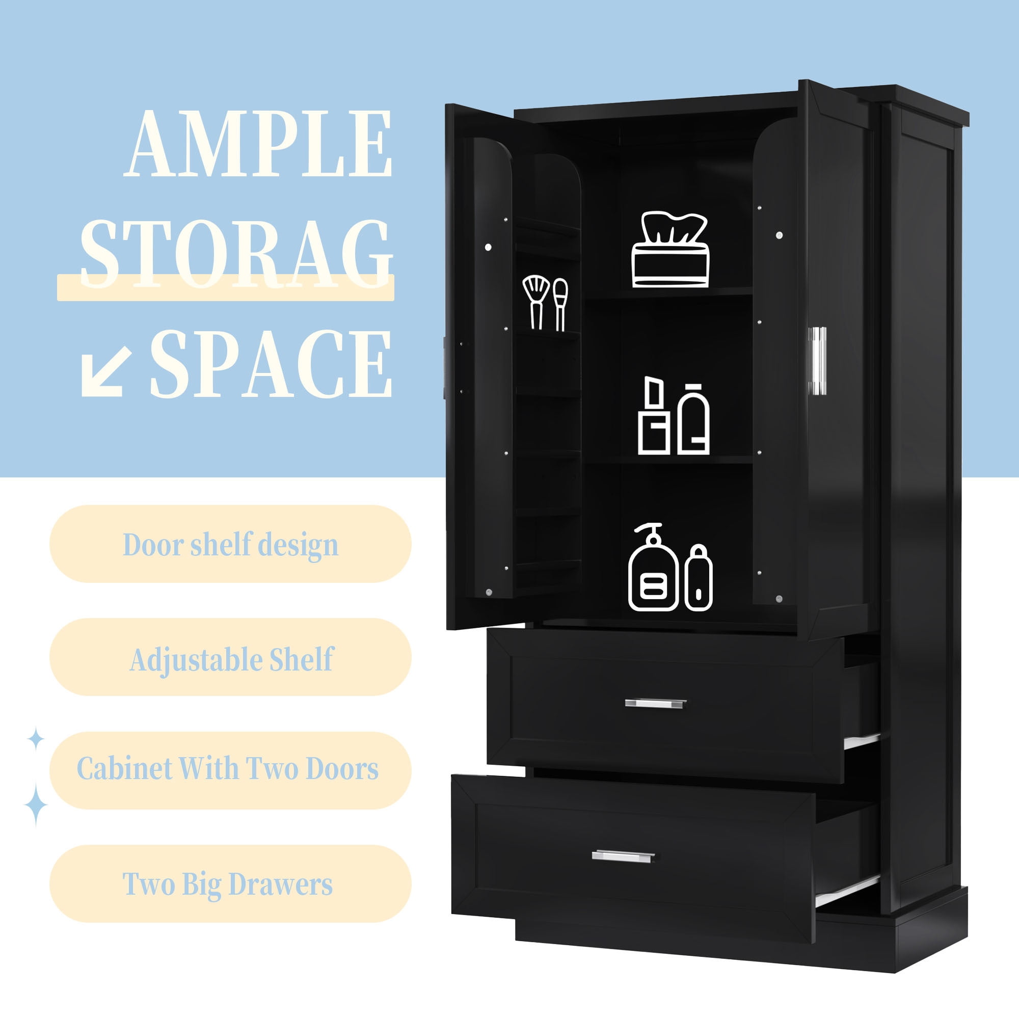 EUROCO Tall Bathroom Floor Storage Cabinet, Bathroom Storage Unit, Freestanding Cabinet with 2 Drawers and 2 Doors, Adjustable Shelf,Black