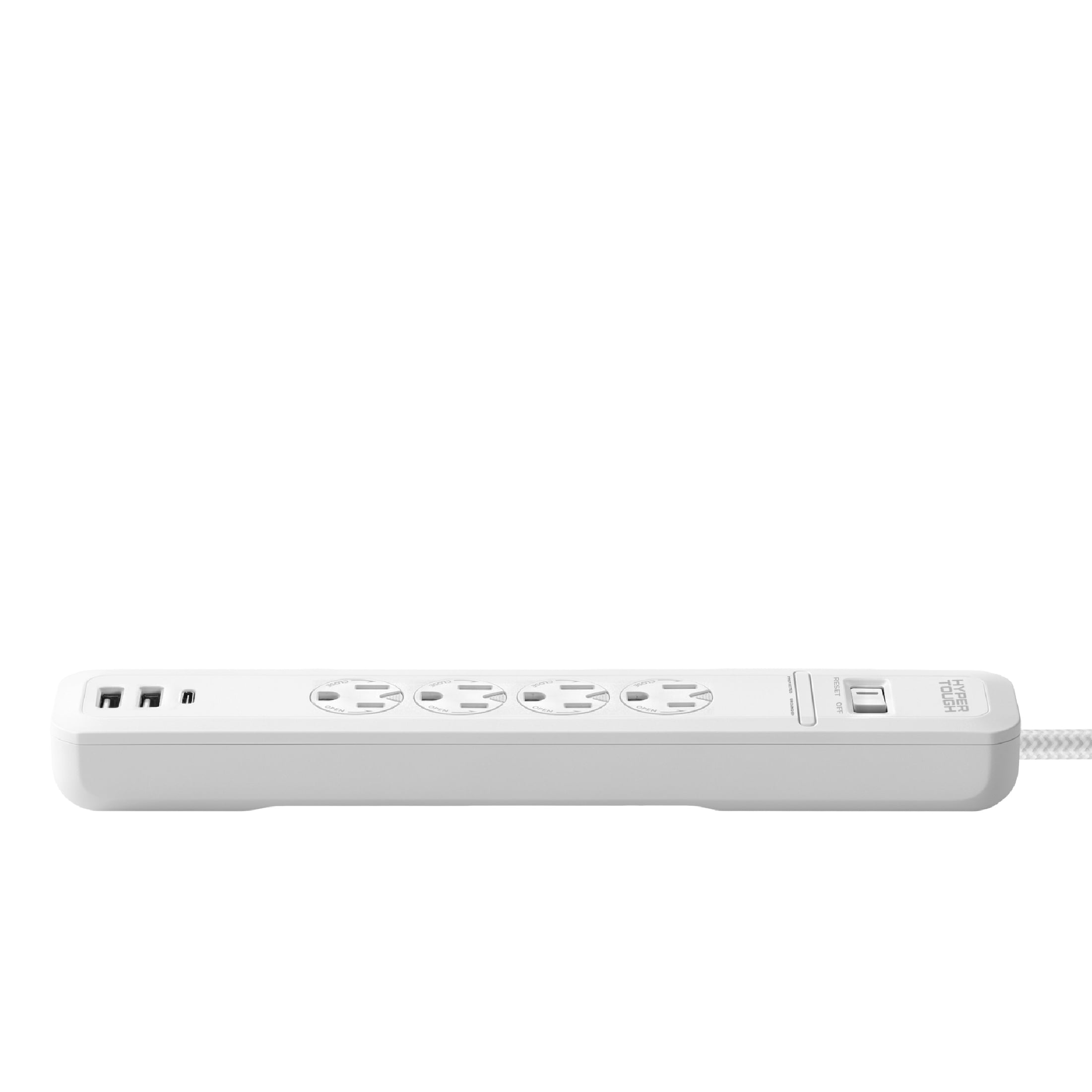 Hyper Tough Surge Protector Power Strip with 4 Outlet, USB Ports, 10 ft Braided Cord, White