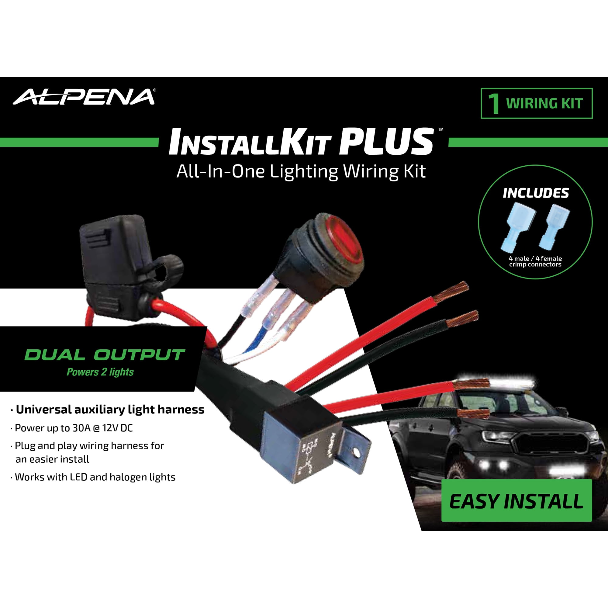 Alpena Install Kit Plus, Illuminated Interior Switch, Inline Fuse Holder, Relay, 12V System, Model 77631, Universal Make/Fit Type for Cars, Trucks and SUVs