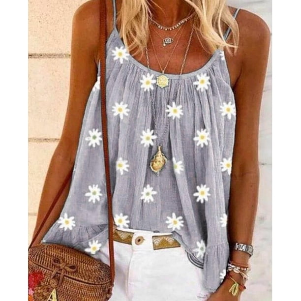 Verano damas estampado de margaritas tirantes top chaleco suelto de gran tamaño 8 colores 8 yardas Irfora Gris L