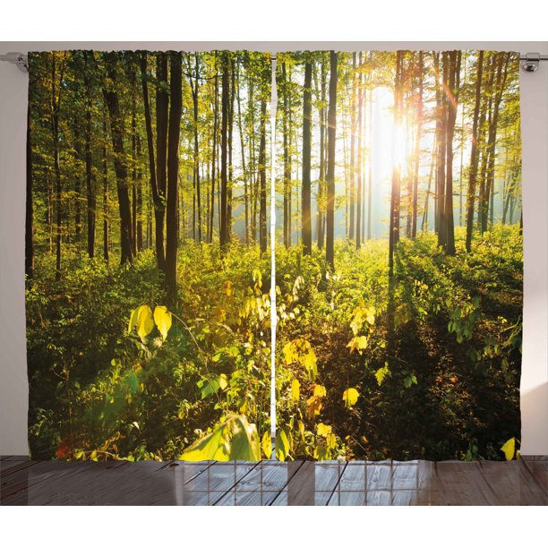 Forest Curtains 2 Panels Set, Trees Sun Rays in Woods Foliage Greenery Scenic Outdoors Tranquil