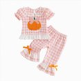 thumbnail image 4 of HCNTES Baby Girl Clothes Baby Toddler Girl Halloween Outfits 6 12 18 24 Month 2T 3T 4T Short Sleeve Round Neck Plaid Pumpkin Embroidered Tops and Flared Pants Clothes Set, 4 of 4