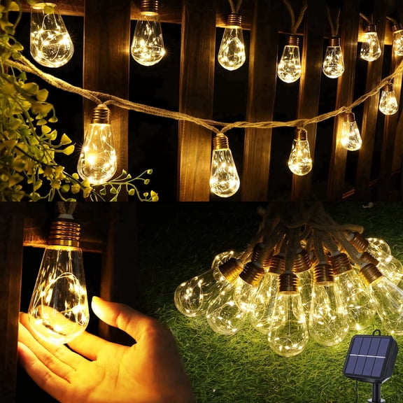 Ceevoo Solar Outdoor String Lights, 20ft Vintage Rope Hemp Solar Powered Patio Lights with 8 Modes 16 Shatterproof Bulbs, Waterproof Christmas Decor for Garden Fence Yard Party, Warm White