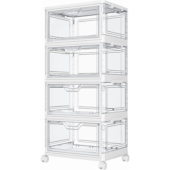 Clear Storage Bins with Lids - 4 Tier Plastic Bins with Wheels, Stackable Storage Bin, Closet Organizers Box for Bedroom, Living Room, 23 QT Folding Box with Magnetic door