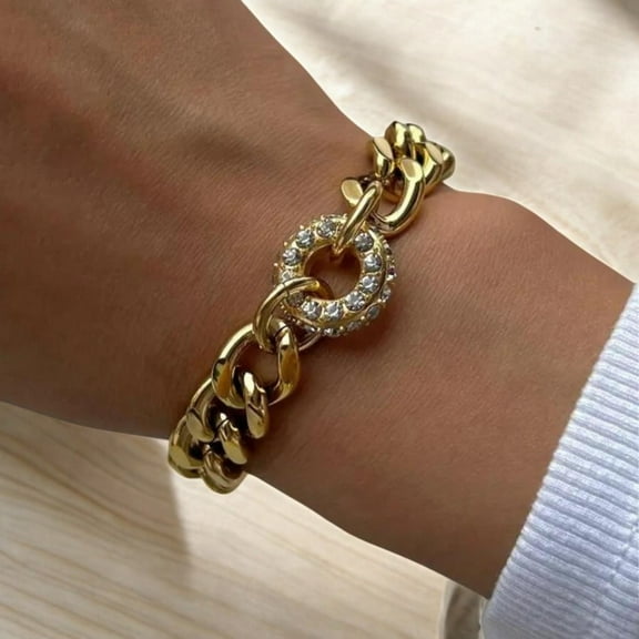 LAPRECIEUZ DE ARTHES JEWELRY 18K Yellow Gold Plated Cuban Chain Bracelet Zircon for Women 7"