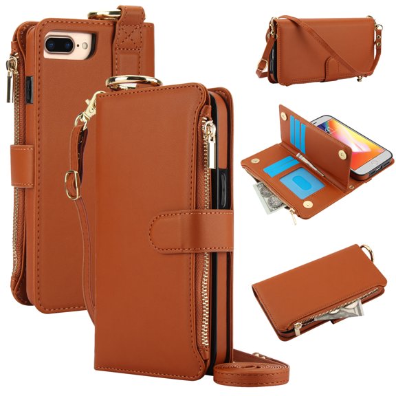 Crossbody Wallet Case for iPhone 7 / iPhone 8 / iPhone SE 2022 & 2020 RFID Blocking Card Slots, PU Leather Magnetic Snap Wristband Strap Zipper Pocket Phone Case with Stand Secure Ring Buckle, Brown