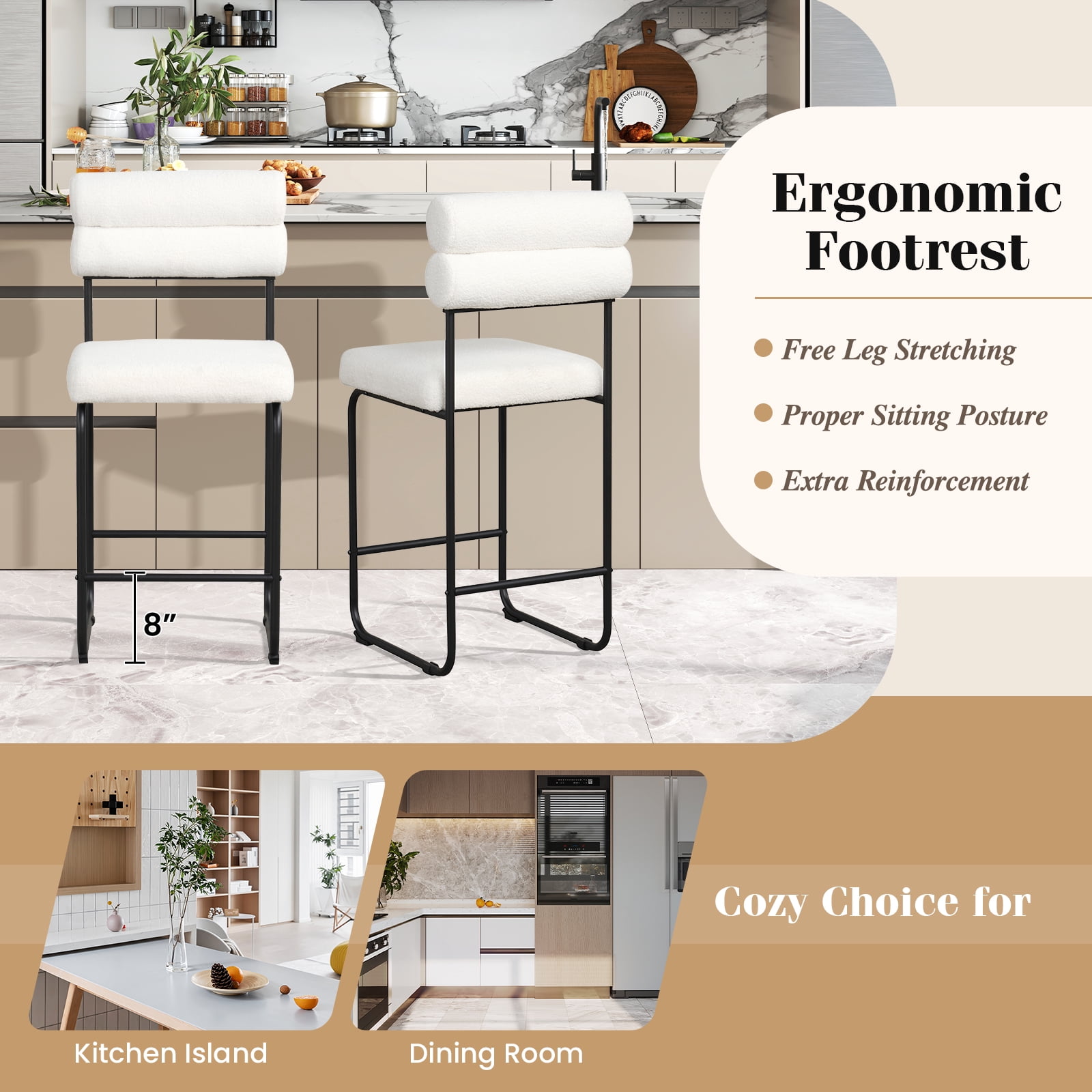 Gymax Set of 2 Counter Height Bar Stools 26'' Counter Stools w/ Metal Frame & Footrest White & Black