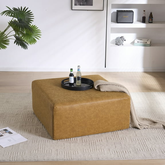 35" Wide Oversized Square Ottoman Coffee Table, Faux Leather Couch Ottoman Large Footstool for Living Room