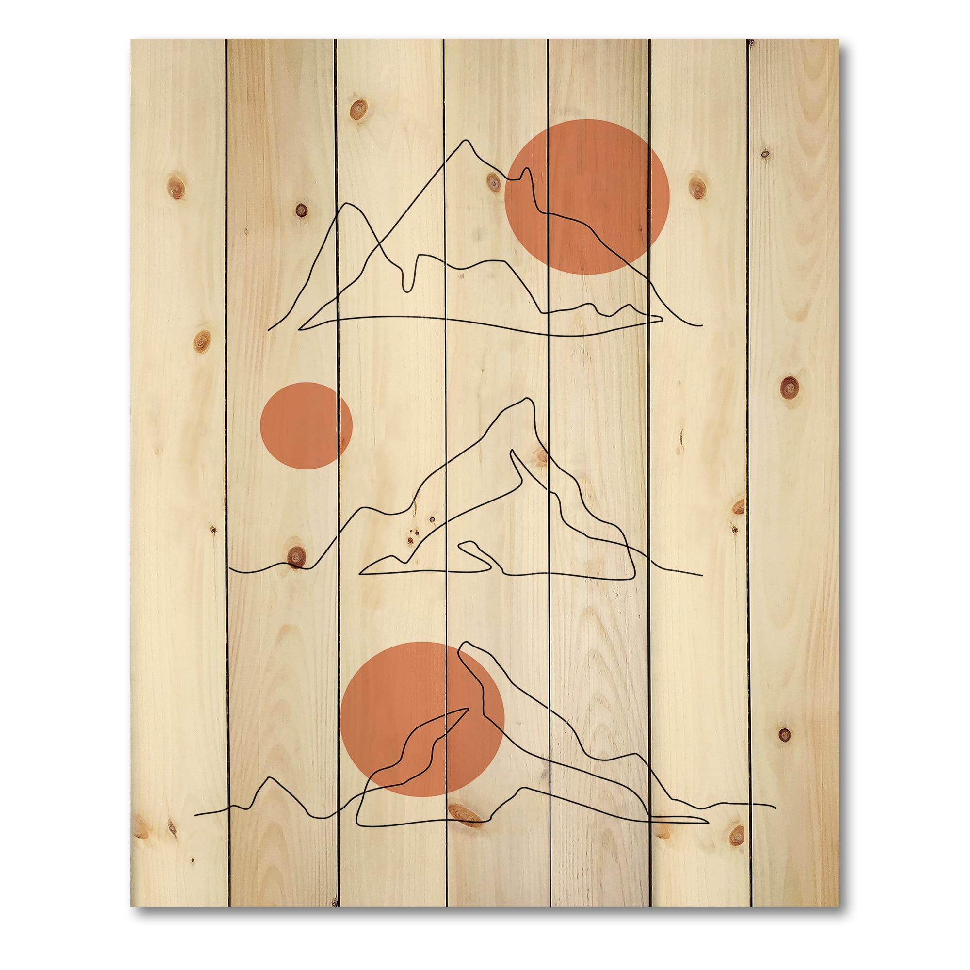 Designart 'Abstract Red Moons With Mountain Range' Modern Print on Natural Pine Wood