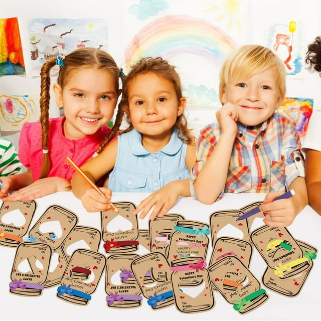 30PCS Valentines Day Cards with 3D Jar Effect, Kids DIY Greeting Cards for Classroom Party Favors, Plastic Bags Included