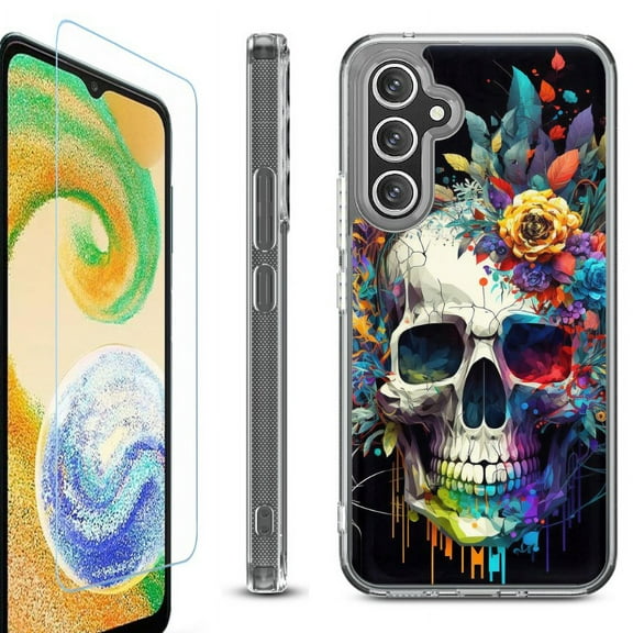 OneToughShield ® Compatible with Samsung Galaxy A15 5G, Shockproof Bumper Phone Case, with Tempered Glass Screen Protector - Skull Flower