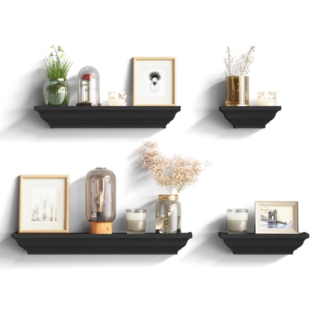 SRIWATANA Solid Wood Floating Shelves, Wall Mounted Storage Shelves Set of 4 Decorative Hanging Shelves Decor for Living Room, Bedroom, Kitchen, Bathroom, Black
