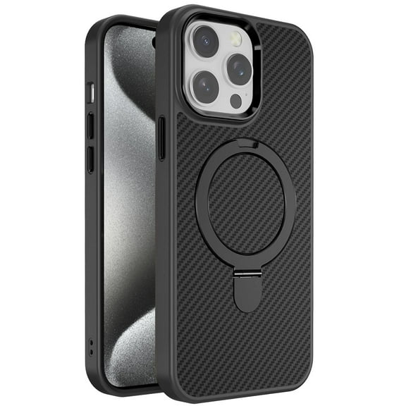 For Apple iPhone 16 Pro Max Hybrid Carbon Fiber Design with MagSafe Compatible [Magnetic Circle], Ring Stand Shockproof Slim TPU Cover, XPM Phone Case [Black]