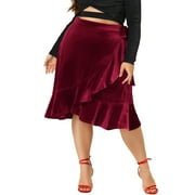 MODA NOVA Juniors Plus Size Party Ruffled Hem Knee Length Velvet Wrap Skirt 1X Burgundy