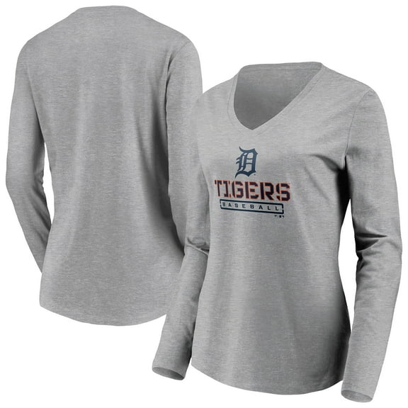 Women's Gray Detroit Tigers Evanston Stencil Long Sleeve V-Neck T-Shirt