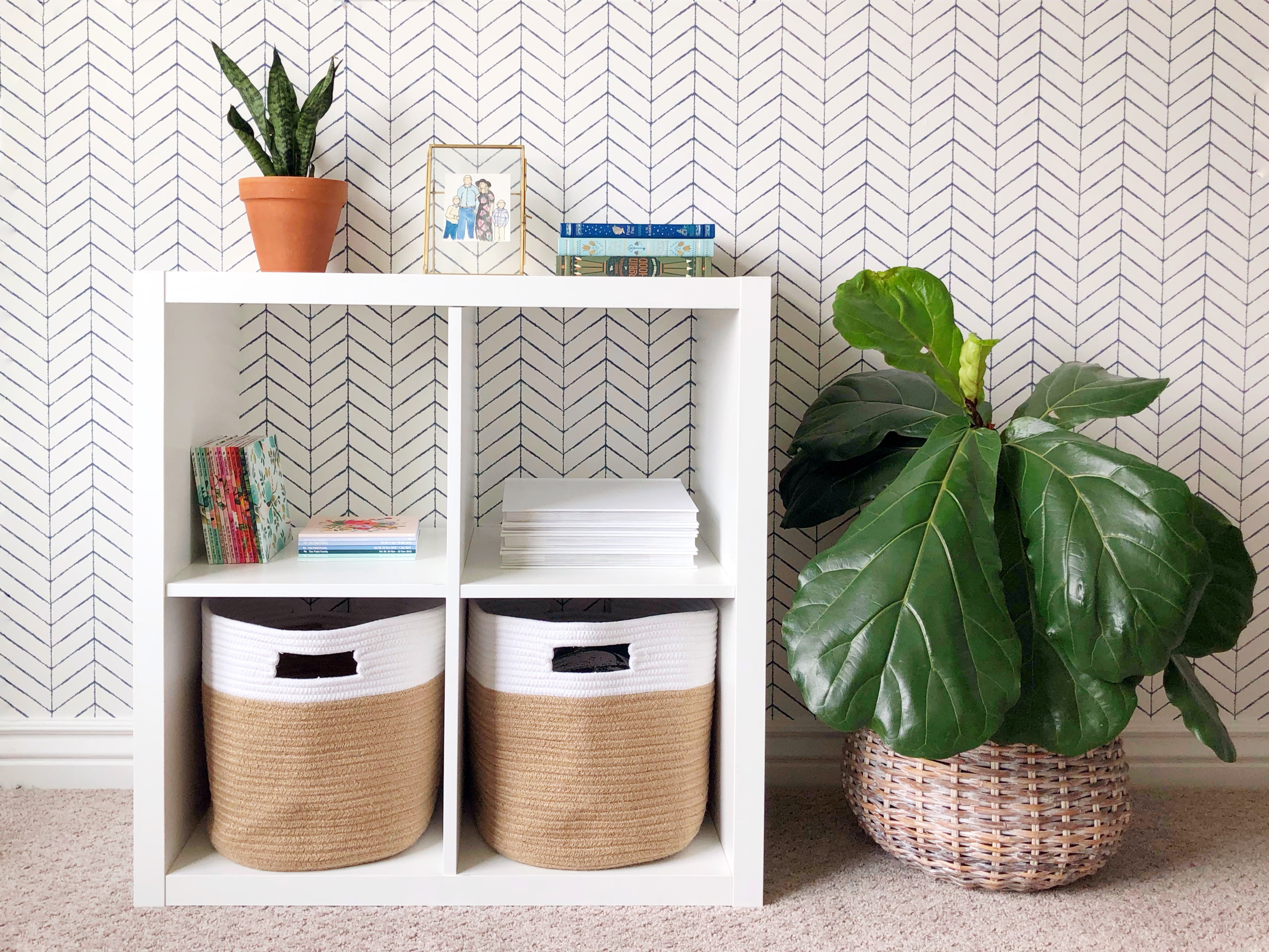 white cube storage with baskets