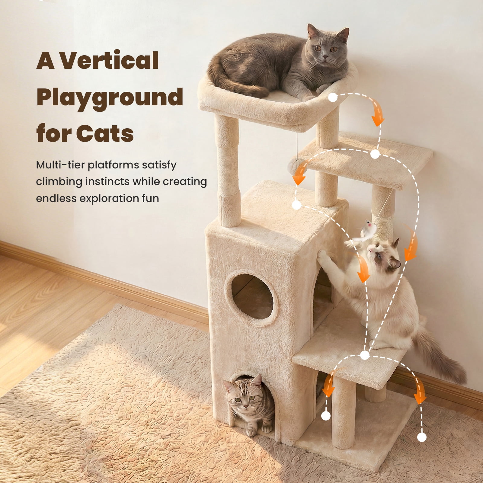 50-inch Large Cat Tree for Adult Cats, Multi-Level Cat Condo with 2 Cozy Caves, Steps, Sisal Scratching Posts & Toys, Beige